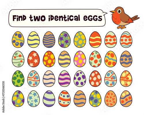 Spot the pair. Children search for two matching patterned eggs. Bright, kid friendly puzzle that trains attention, memory, and pattern recognition. Find the Match. Funny cartoon characters. Set