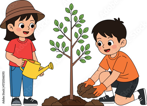 Children planting tree together outdoors, teamwork and environmental care, eco-friendly activity, nature conservation, kids gardening, sustainability education, green future hope