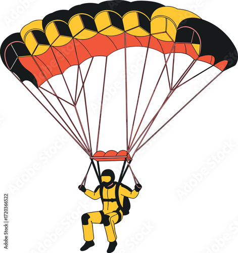 Colorful parachute vector illustration of skydiver descending mid-air with helmet and gear, extreme sport concept for adventure and travel.