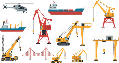Construction cranes, cargo ships, helicopter, bridge, heavy machinery, transport vehicles, gantry cranes, tower cranes, industrial equipment vector illustration set