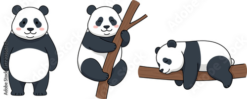 Cute Cartoon Pandas in Playful Tree Poses – Standing, Climbing, and Resting – Adorable Wildlife Vector for Kids and Nature Themes