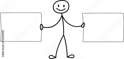 Stick figure character holding two rectangular boards side by side with arms extended.