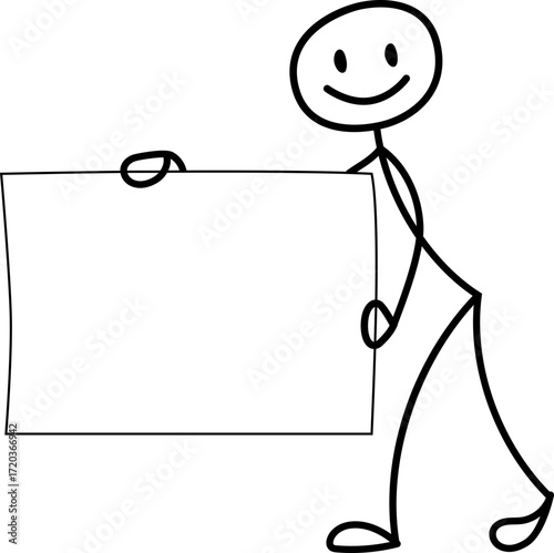 Stick figure character pulling a rectangular board with both arms extended backward.