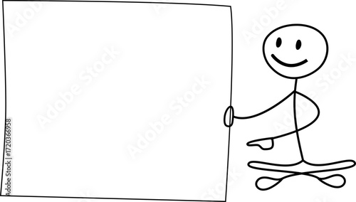Stick figure character seated on a rectangular board with legs extended forward.