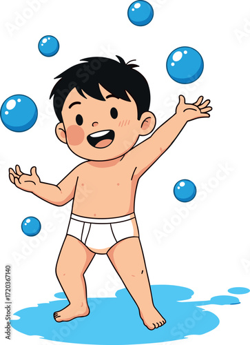 Happy baby playing with bubbles in diaper, joyful childhood moment, cartoon toddler illustration, clean white background, fun and innocence