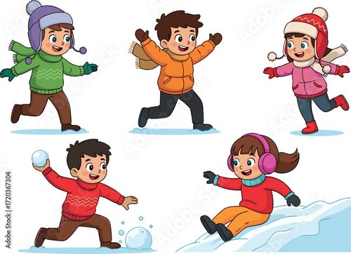 Happy children playing in winter snow, wearing colorful clothes, sliding, skating, throwing snowballs, enjoying outdoor fun in cold weather