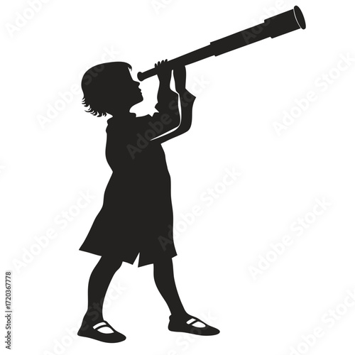 Child peering through telescope silhouette