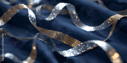 Silver Glitter Ribbons Draped on Dark Blue Fabric