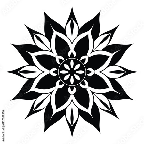 Stylized Symmetrical Black and White Mandala Design with Intricate Details