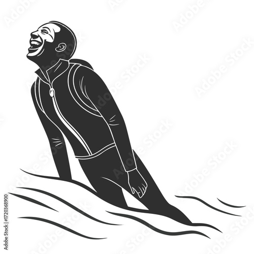 Diver surfacing with smile silhouette