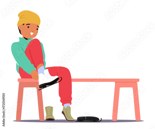 Elementary age boy cartoon character sitting on bench putting on skates preparing for ice-skating