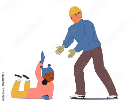 Father and daughter happy family cartoon characters skating on ice rink isolated on white background
