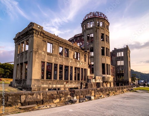 Ruined building, remnants of war, tranquil setting