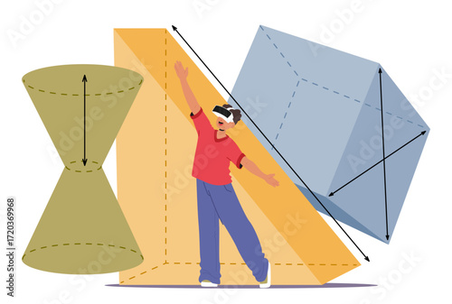 Elementary age student wearing virtual reality glasses studying geometry lesson in cyberspace