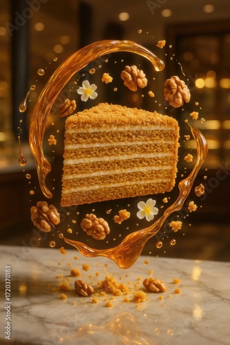 Hyperrealistic advertising poster of floating layered honey cake with golden crumbs, honey drops, walnuts and edible flowers in cinematic pastry shop light