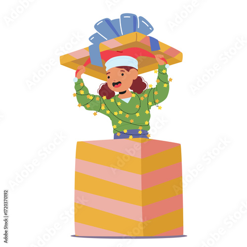 Cute playful girl child cartoon character wrapped Christmas lamps garland jumping out of gift box