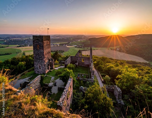 Ruined castle at sunset over valley