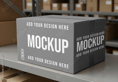 Cardboard Box Mockup on Warehouse Shelf Background