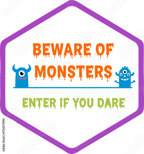 playful halloween warning signs collection with trick or treat and beware of monsters messages in cartoon spooky style for party decoration and festive design, stransparent background