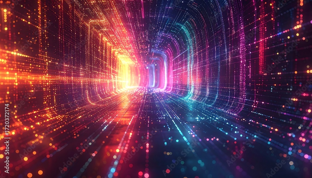 Obraz premium Abstract digital tunnel with vibrant colors and glowing particles