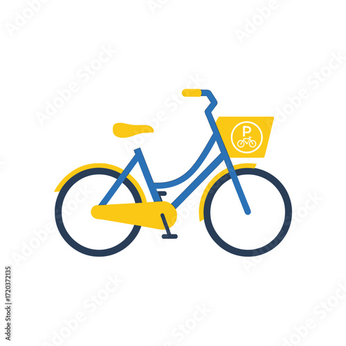 Flat design illustration of a blue and yellow bicycle with a front basket showing a bike parking or sharing symbol on a white background.