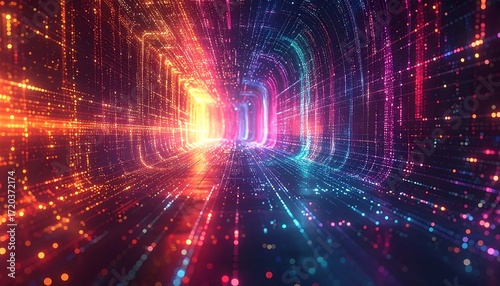 Abstract digital tunnel with vibrant colors and glowing particles