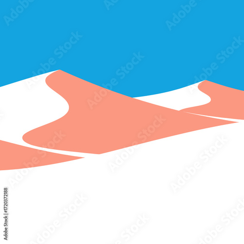 Abstract minimalist landscape of pink sand dunes against a clear blue sky.