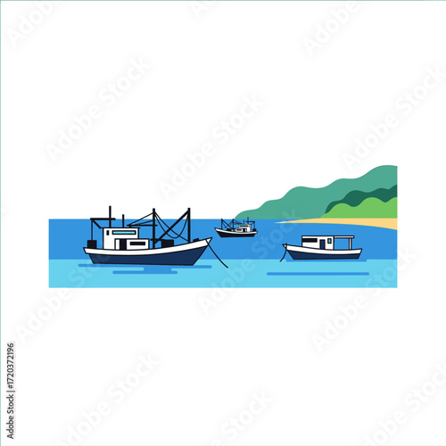 Vector illustration of several fishing boats floating on a calm blue sea near a green coastline.