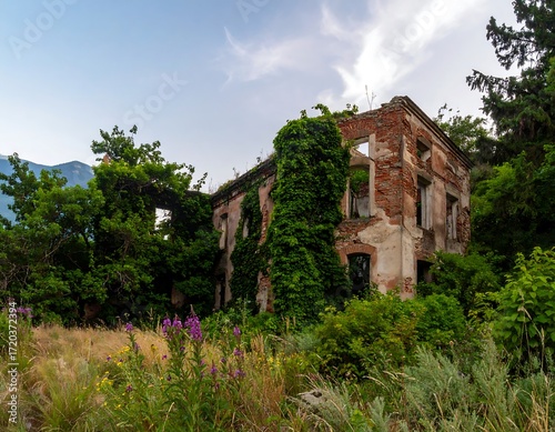 Ruined house overgrown with ivy