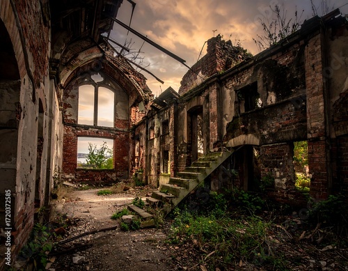 Ruined mansion interior at sunset (1)