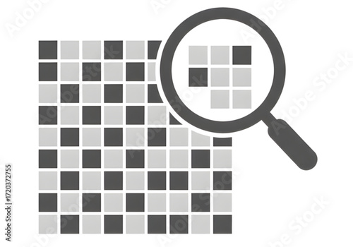 Minimal icon of a pixel grid with zoom icon —no background , PNG, no shadow