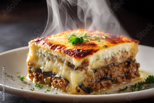 Close-up of Greek moussaka slice with golden baked cheese topping.