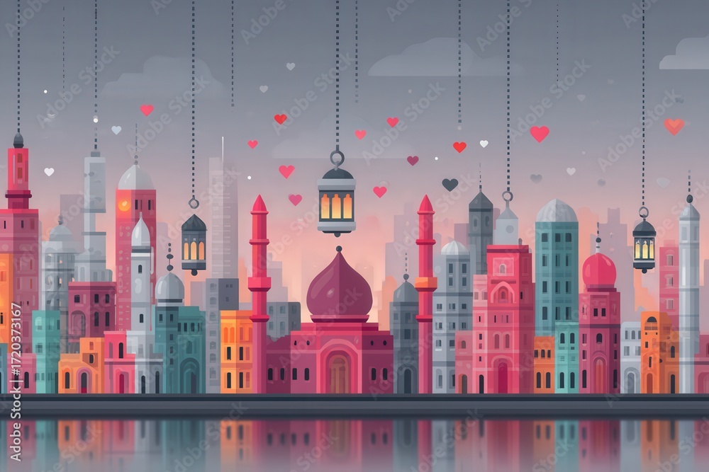 Fototapeta premium Artistic depiction of a vibrant city skyline adorned with lanterns and hearts reflecting cultural charm and visual unity in a whimsical digital design encapsulating magic and warmth