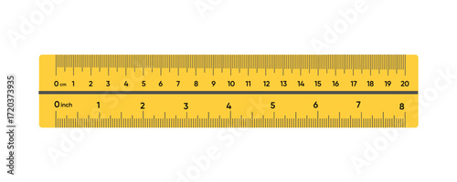 yellow ruler with centimeter and inch markings, a tool for measurement in school, office, and design.