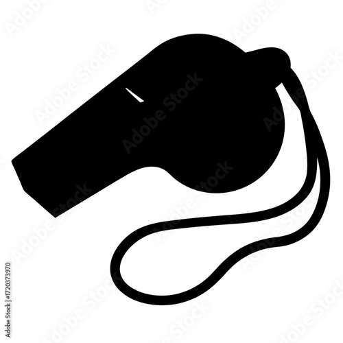 Vector graphic of a black whistle with lanyard for sports coaching referee and safety use