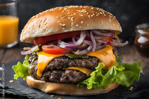 Gourmet Burger on Slate Plate with Detail