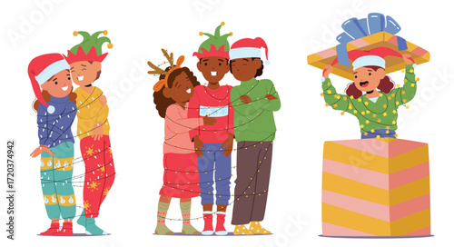 Happy overjoyed children bounded Christmas lights garland having fun rejoicing winter holiday spirit
