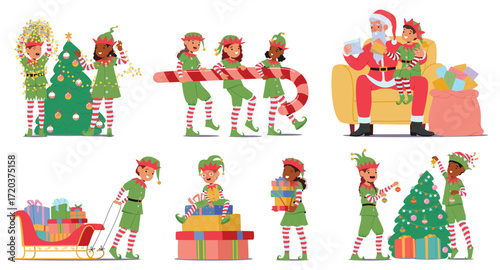 Cute kids Christmas elves preparing for holidays celebration and reading wish lists with Santa Claus
