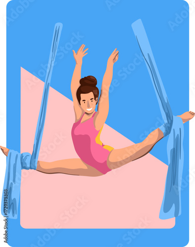 A girl is performing exercises on an aerial silks. Vector illustration.