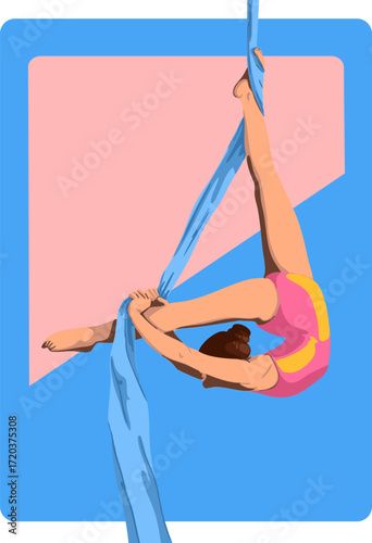 A girl is performing exercises on an aerial silks. Vector illustration.