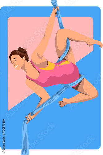 A girl is performing exercises on an aerial silks. Vector illustration.