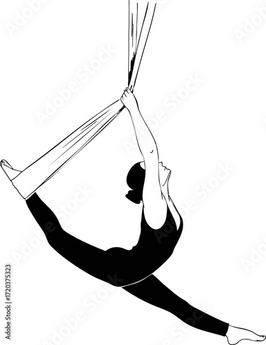 A girl is performing exercises on an aerial silks. Vector illustration.