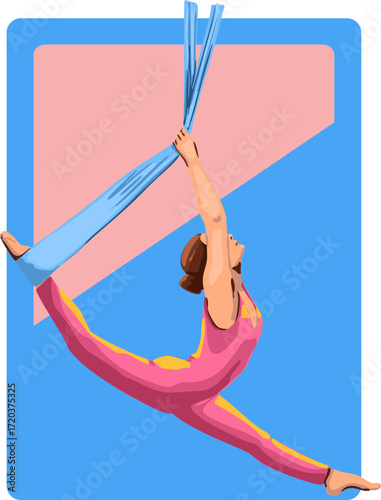 A girl is performing exercises on an aerial silks. Vector illustration.