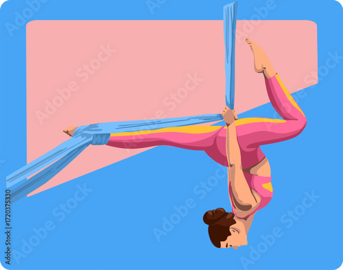 A girl is performing exercises on an aerial silks. Vector illustration.