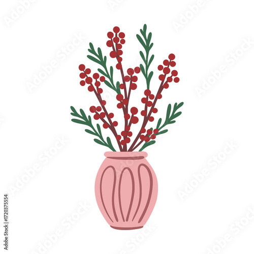 Red berry branches with green leaves in pink ceramic vase on white background. Winter holiday and New Year celebration. Design for greeting card, invitation, poster, print. Vector illustration
