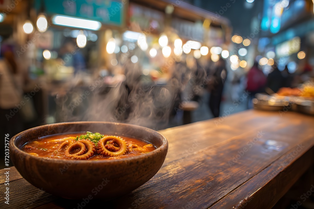 Fototapeta premium Bowl of Nakji-tang on a wooden counter with blurred market background.