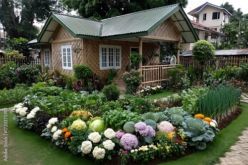 Village bamboo house with vegetable garden high resolution picture