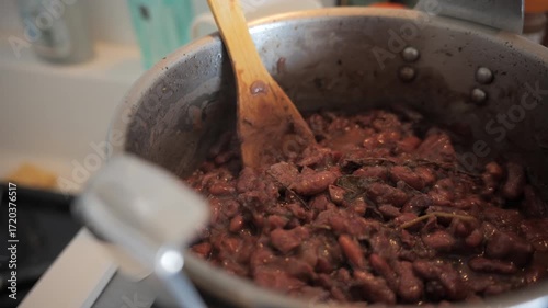 Red beans cooking in a large pot