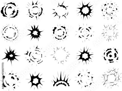 Radial explosion silhouette, bursting round explosions, black cloud silhouette, explosive bomb effect, power burst, dust explosion, bomb explosion effect, isolated graphic vector symbols.
