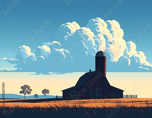 Rural landscape with barn and cumulus clouds